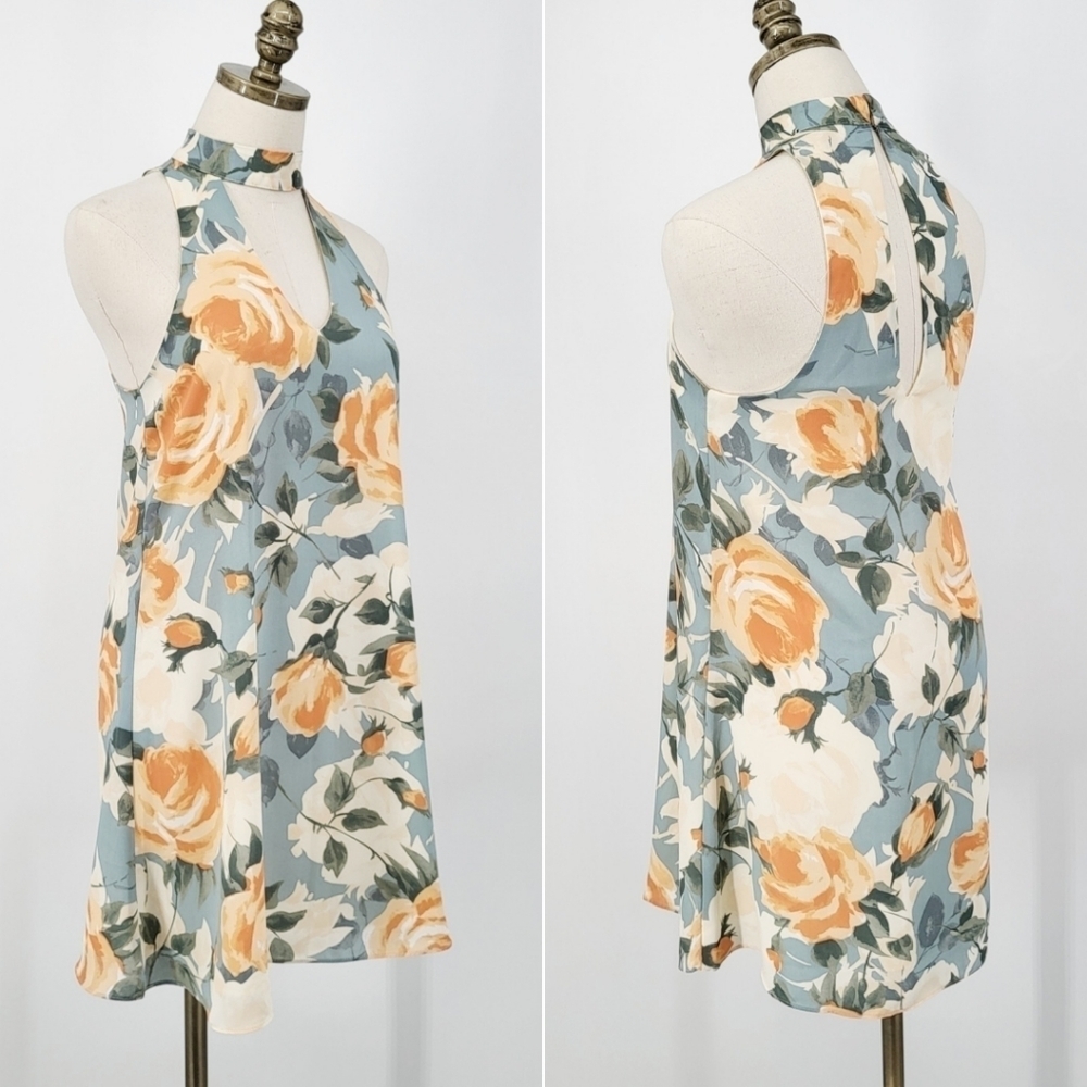 Lulu's Floral Swing Dress Roses High Neck Mini Small